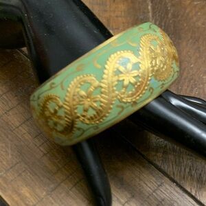 Seafoam Green & Gold Enamel Ornate Floral Wide Chunky Brass Bangle